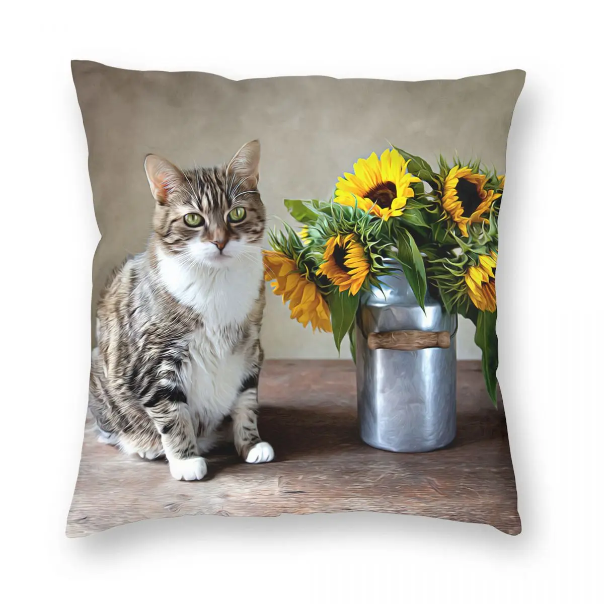 

Cat And Sunflowers Pillowcase Printed Polyester Cushion Cover Decor Daisy Flowers Pillow Case Cover Bedroom Zippered 40X40cm