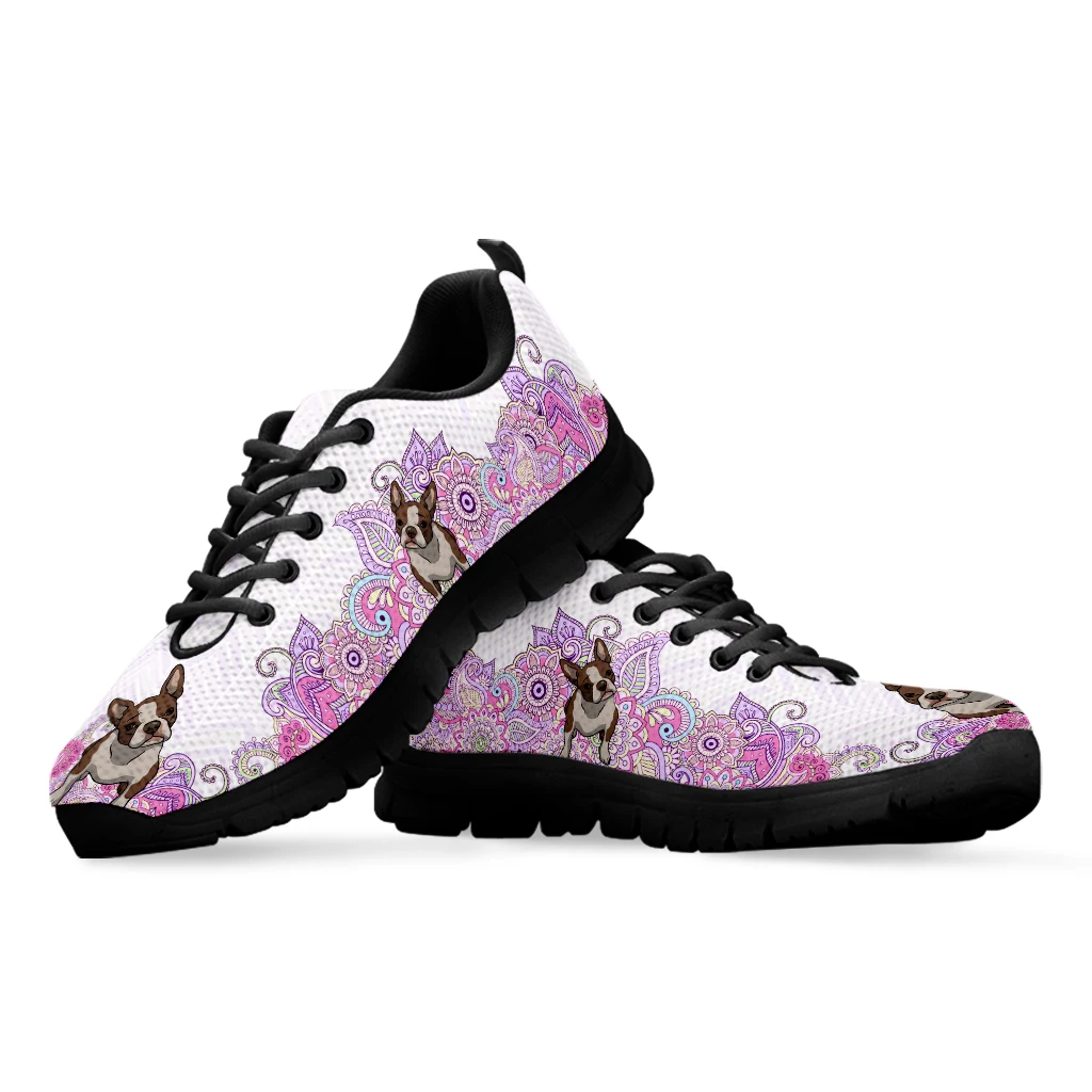 Fashion Lavender Bohemian Mandala Flower Design Boston Terrier Print Lightweight Outdoor Sneakers Lace Up Shoes