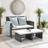 Outdoor Loveseat Patio Furniture Rattan Conversation Set with Ottoman, White Cushions, Grey Wicker, Pillows Included 1