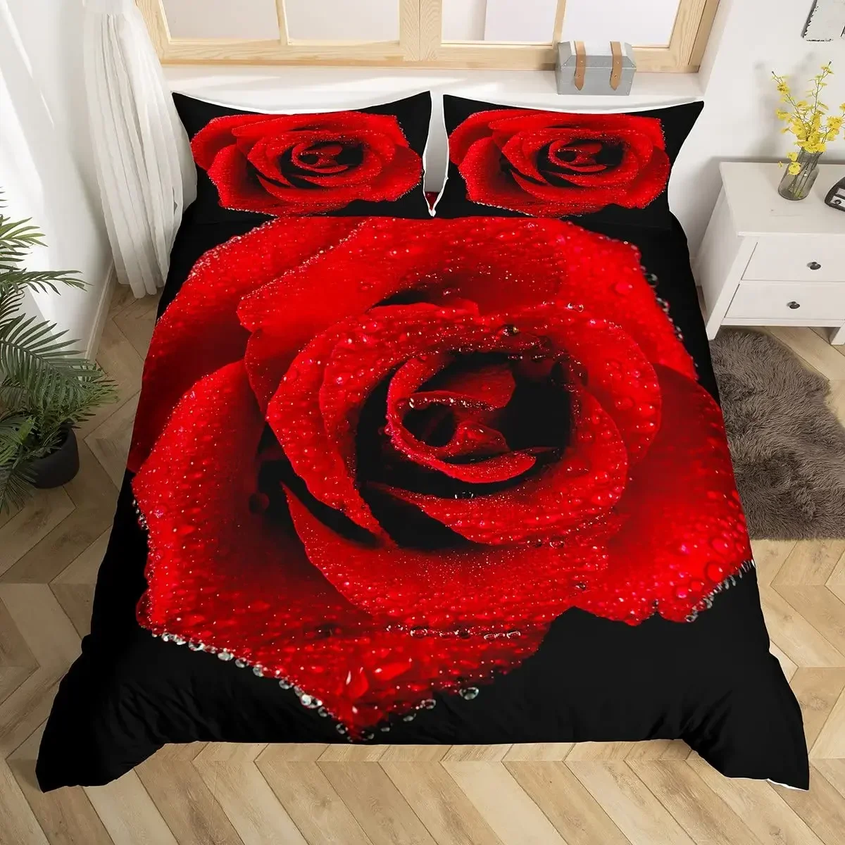 Rose Duvet Cover Bedding Set Full Queen For Boys Girls Gifts Bedroom Microfiber Comforter Cover With Pillowcases