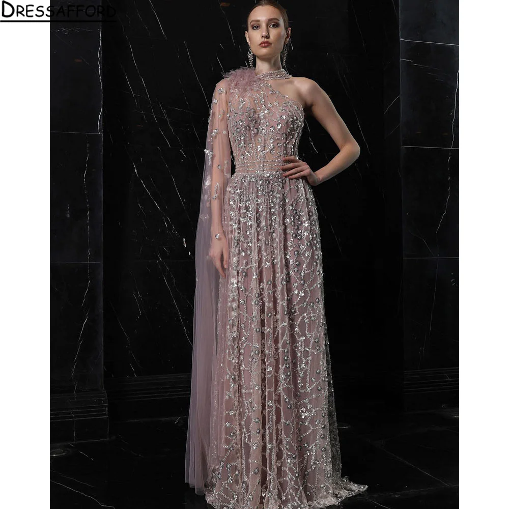

Dubai Dusty Pink Elegant Evening Dresses 2024 Crystal Sleeveless Shawl Yarn Formal
