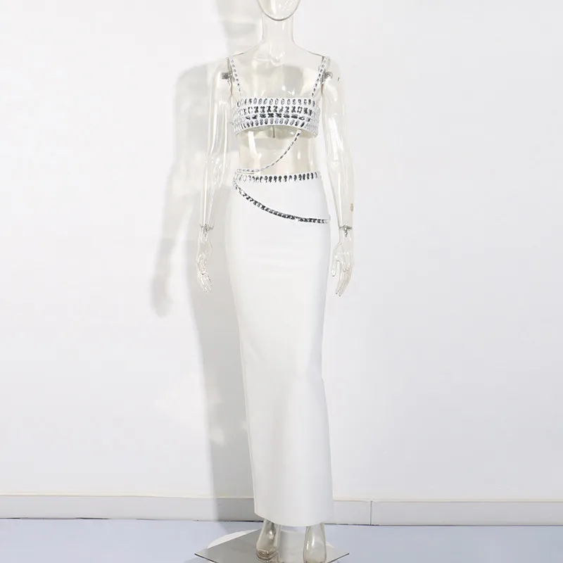 ONEINALL Spliced Diamonds Two Piece Set For Women Square Collar Sleeveless Crop Top High Waist Split Skirt Slimming Sets Female
