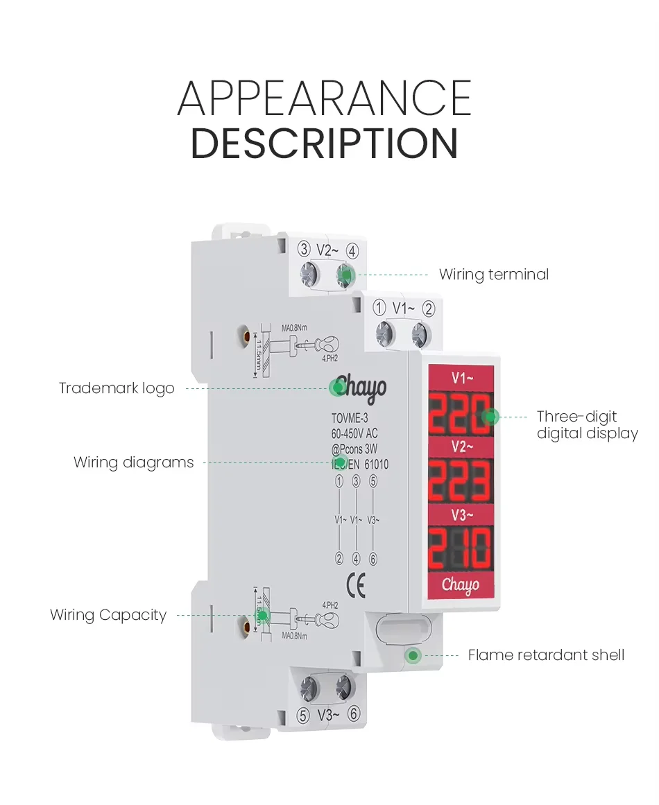Compact Din Rail Voltage Meter with LED Digital Display (AC 60-450V)