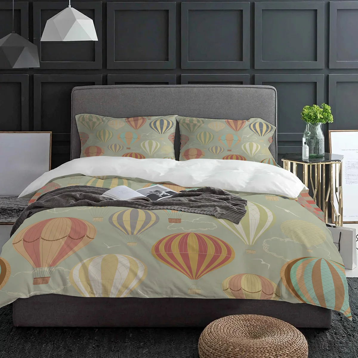 Cartoon Hot Air Balloon Vintage 3pcs Duvet Cover SetPillow Case Double Comforter Bedding Set Quilt Cover Couple Bed