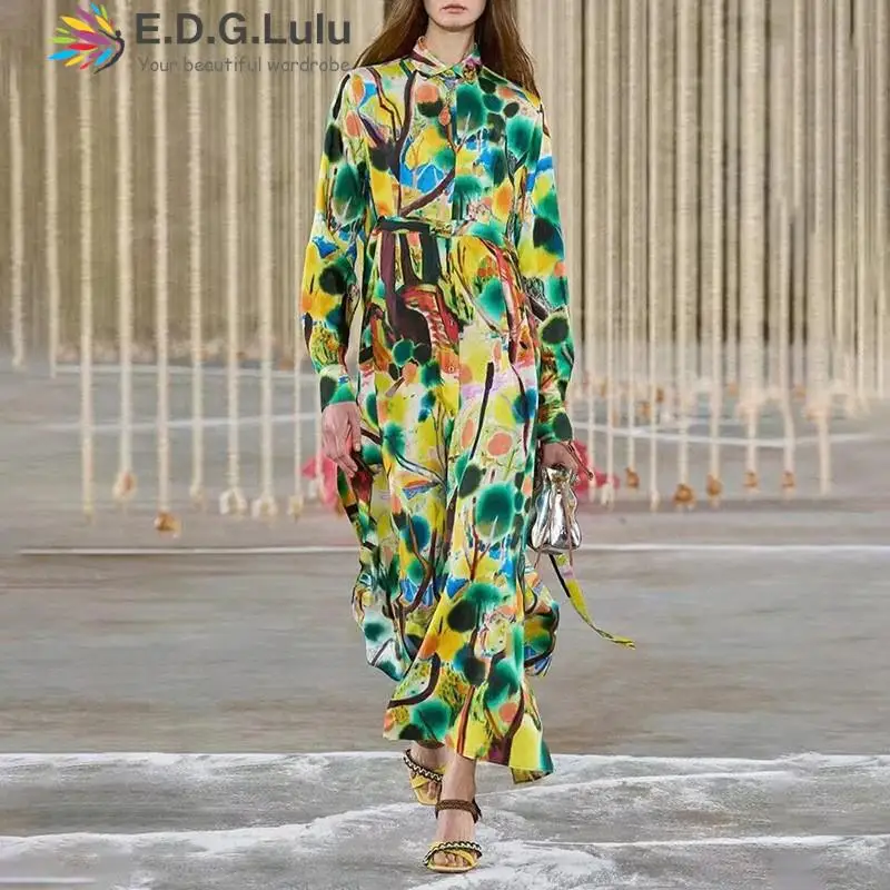 

EDGLuLu Turn-Down Collar Long Sleeved Shirt Dresses For Women 2023 Vintage Green Flowers Dress Leisure Loose Long Dress 1113