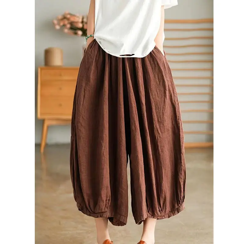 2024 New Summer Loose Oversize Casual Versatile High Waisted Slimming Retro Artistic Solid Color Linen Lantern Pants for Women