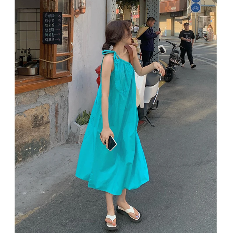 

Korean Style Asymmetrical Sleeveless 2021 New Women Summer Dress Fashion Solid Pullover Belt Inclined Shoulder Long Dress Female
