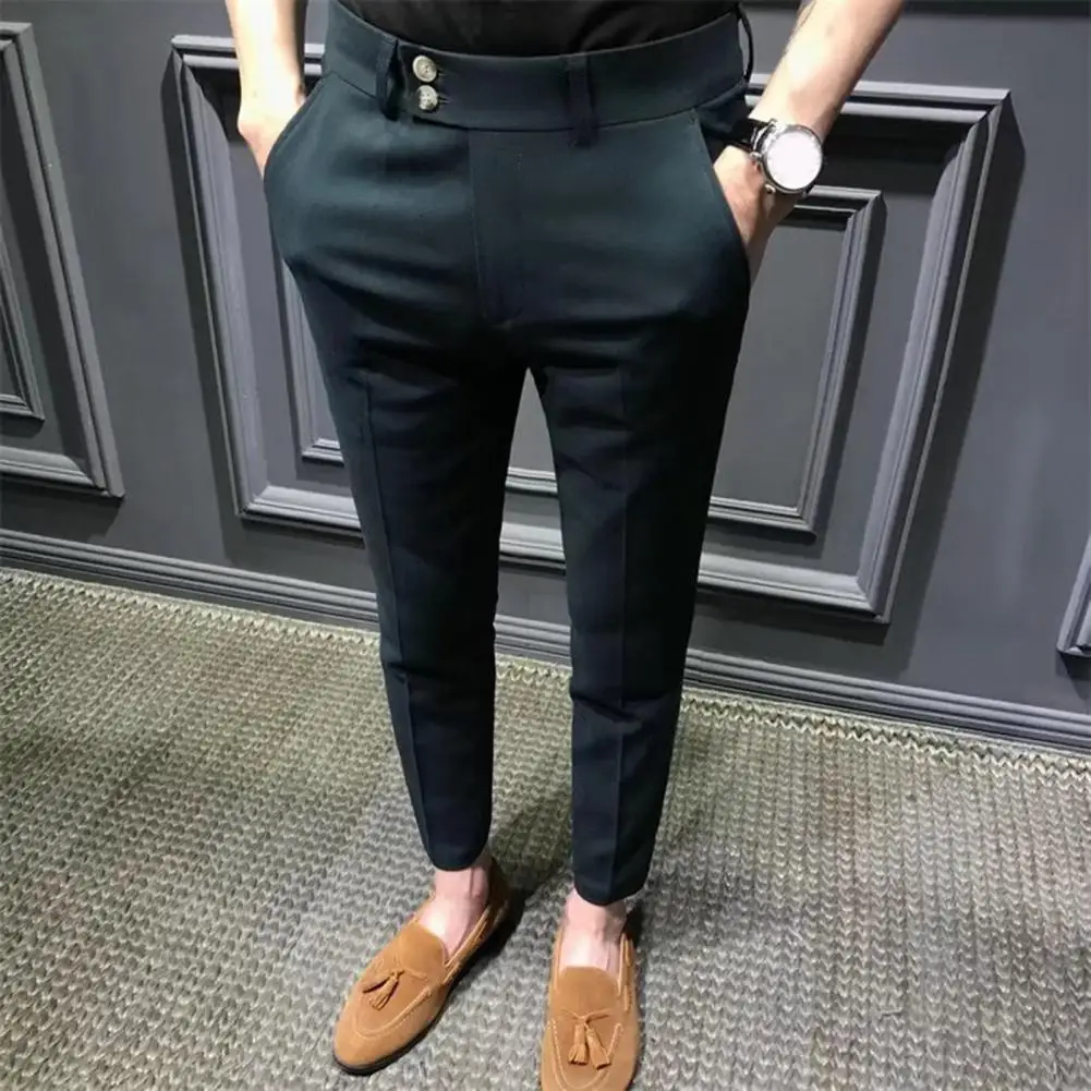 Men Blazer Pants Anti-wrinkle Mid Waist Men Ninth Pants Young Style Men Casual Ninth Suit Pants Pockets Business Long Trousers 3