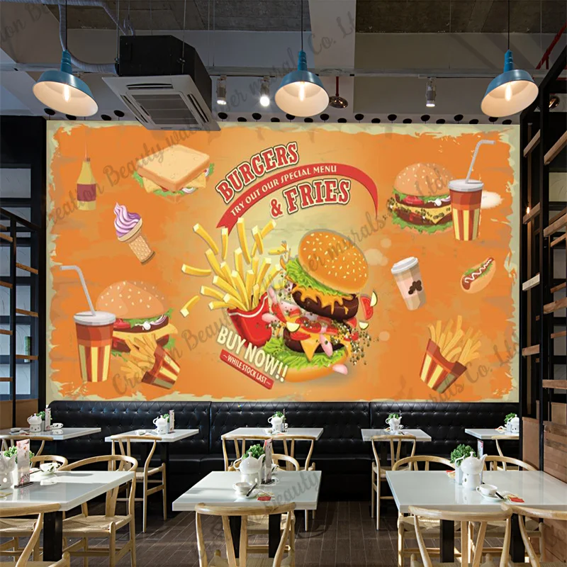 

Hand Painted Burger Fries Wallpaper Industrial Decor Mural Fast Food Restaurant Snack Bar Background Wall Paper Papel De Parede