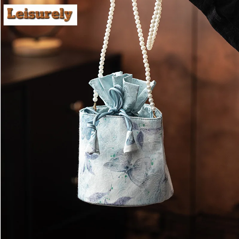 Blue Butterfly Drawstring Bucket Bag Fabric Tea Cozies Elegant Tea Cozy For Teapot Hand Bag Travel Tea Set Bag Chinese Tea Set