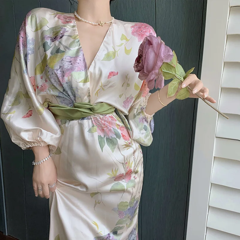 Temperament Retro Women Dress Printing Elegant V Neck Long Sleeve Sashes Maxi Dresses Summer New Long Elegant Dress
