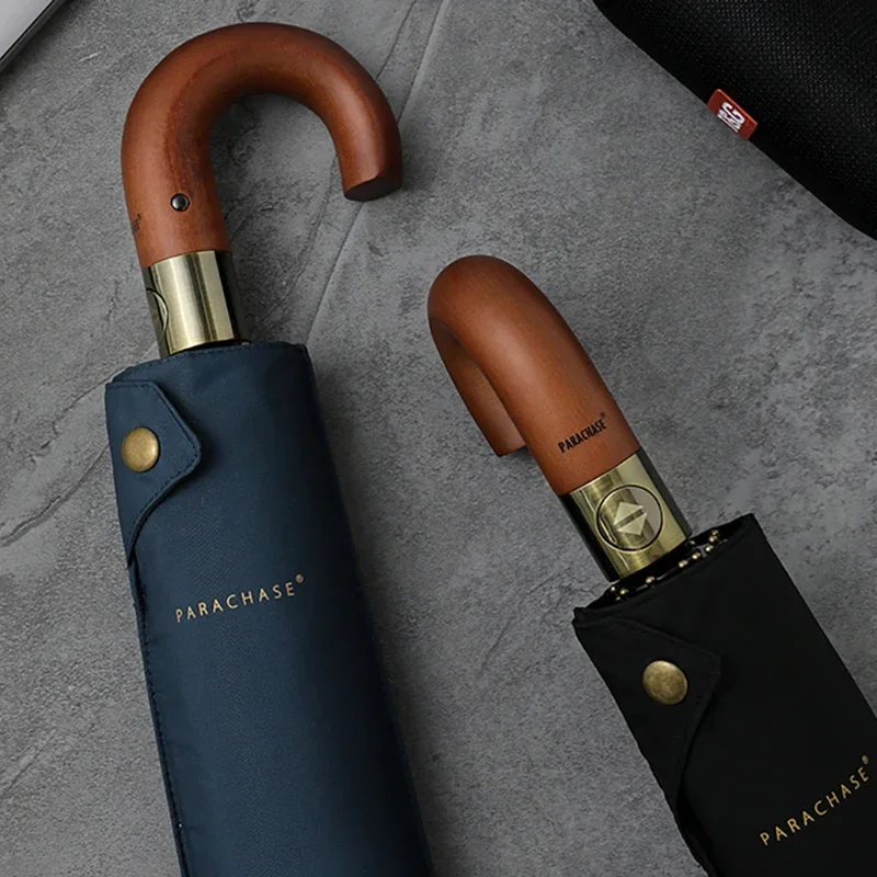 Folding Umbrella Luxury Wooden Umbrella Windproof 10 Ribs Parachase Fully Automatic Umbrella Men Folding Big Golf