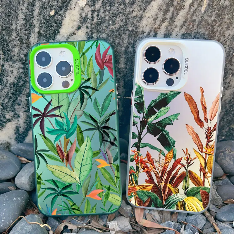 Tropical Monstera Palm Leaf & Bird Design Shockproof Phone Case with Laser Shell Finish
