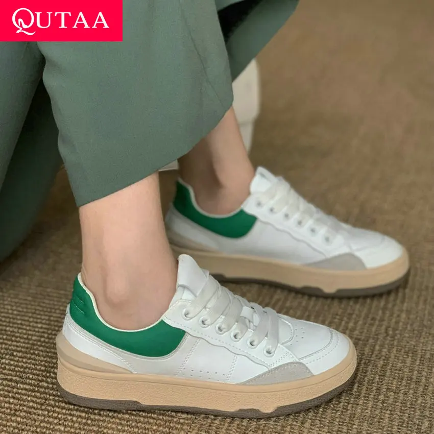 QUTAA 2022 Winter Autumn Round Toe Flat Heel Casual Female Shoes Mixed Color Genuine Leather Lace Up Women Sneakers Size 35-40
