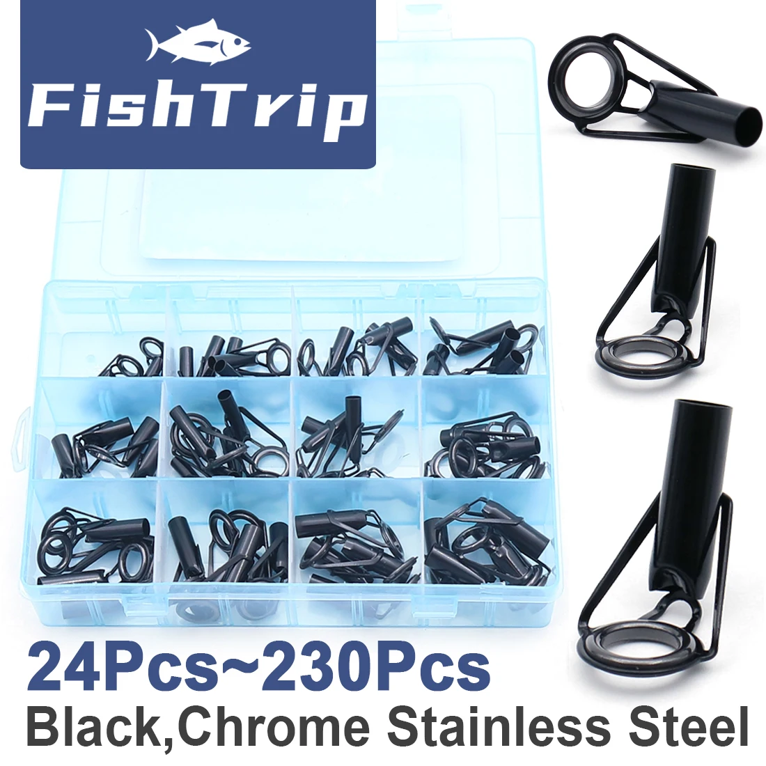 FishTrip 로드 팁 수리 키트, 팁 탑 가이드, 스테인레스 스틸 프레임 세라믹 링, 스핀 및 캐스트 로드 빌딩 교체용, 24 ~ 230 개