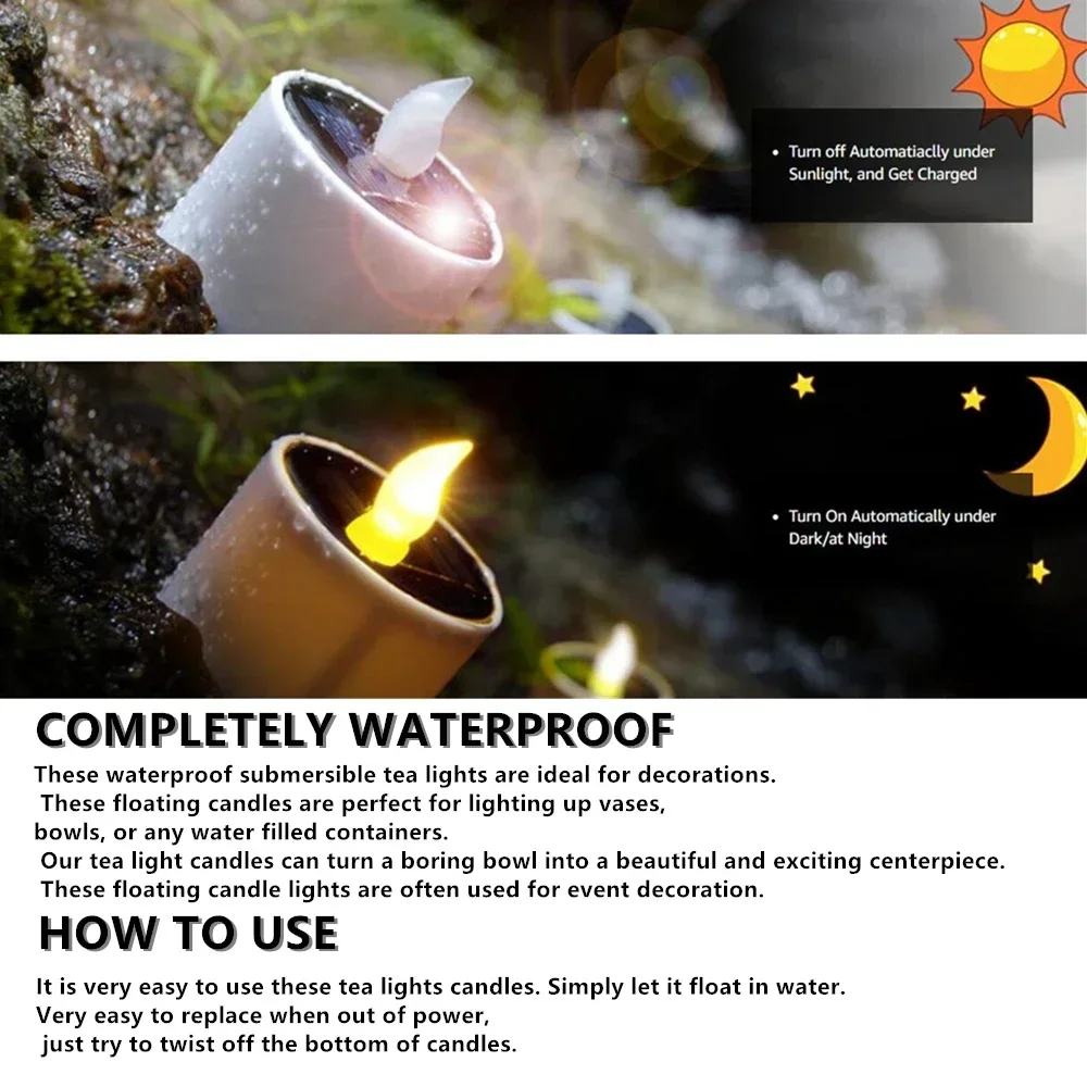 Lot De 6 Bougies LED Solaires Yakpo - Étanches IP44, Lumière Jaune Vacillante, Charge Automatique, Pour Décor Extérieur