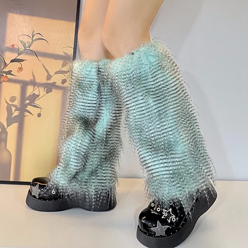 Y2K Goth Furry Faux Fur Women Leg Warmers Boot Covers Harajuku Lolita Girls Punk Fashion Cute Jk Hipster Warm Fluffies Leggings