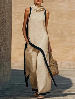 Women's linen Contrast Color Sleeveless Asymmetrical Top & Loose Wide Leg Pants Set Vestidos Casual Fashion Two Piece Outfit 1