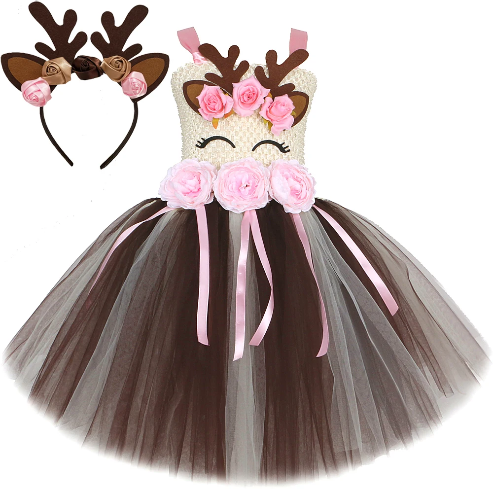 

Розовый костюм с цветами и оленем для девочек, платья для косплея на Рождество и вечеринку для детей, яркий наряд, Детская Новогодняя одежда, подарок