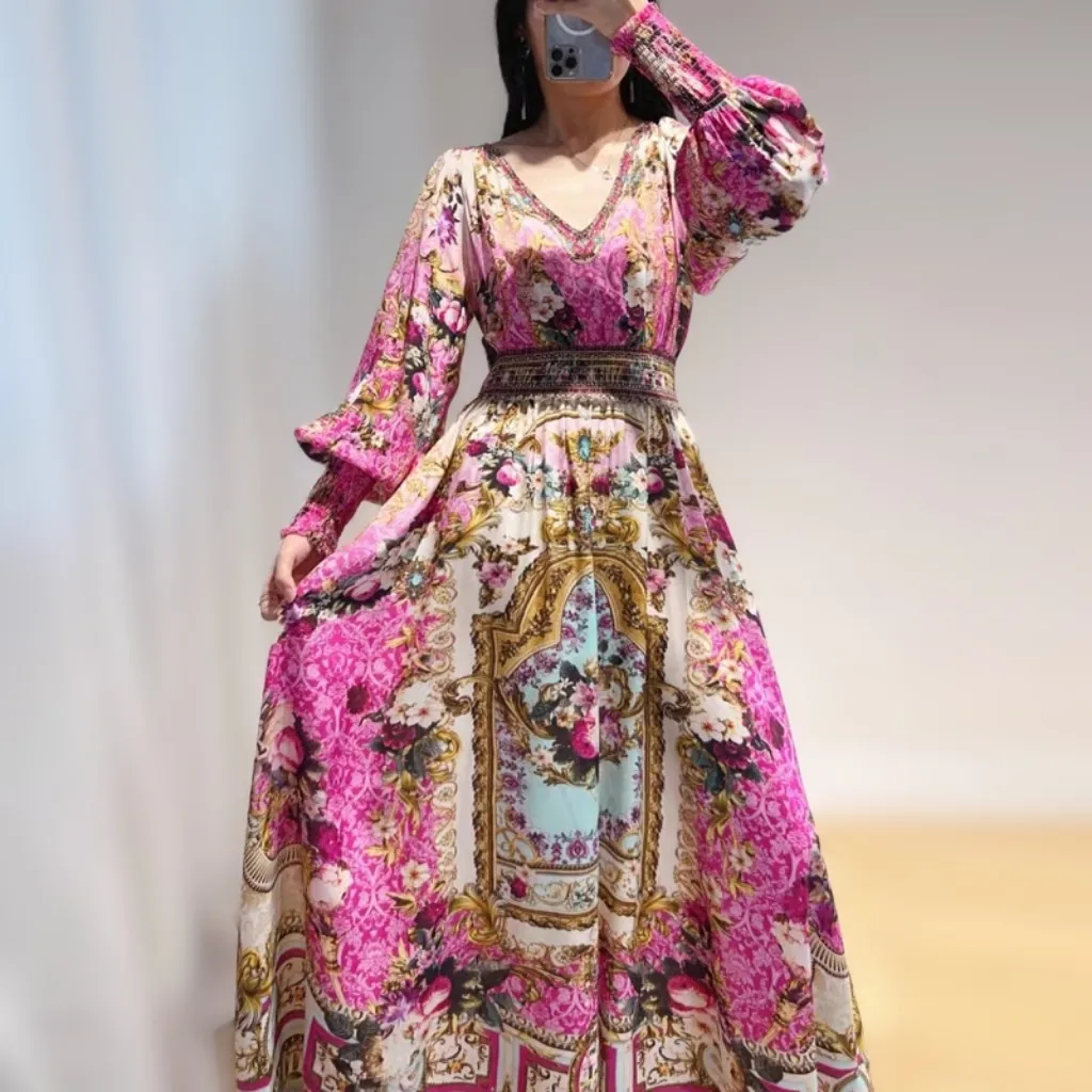 

Mulberry silk Fairy long dress 2024 summer mirror print long sleeve V-neck dress big swing Guangzhou 1