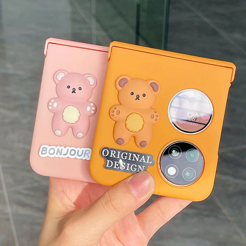 

For Huawei P50 Pocket Case Orange and Pink Cover with Cute Bear for P50 Pocket Huawei Floding Funda Capa Cases