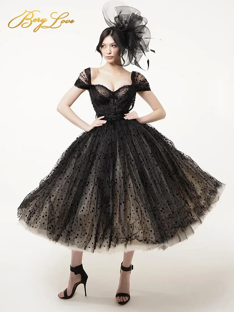 

Berylove Puffy Evening Dress Short Polkadot Tulle Prom Dress Black Party Dress Tea Length Evening Dresses robe de soiree Gown