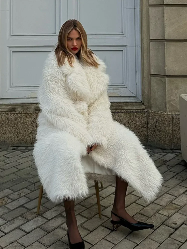 Long Snow Fox Fur Coat White Extended Waist Cinched Lace Up