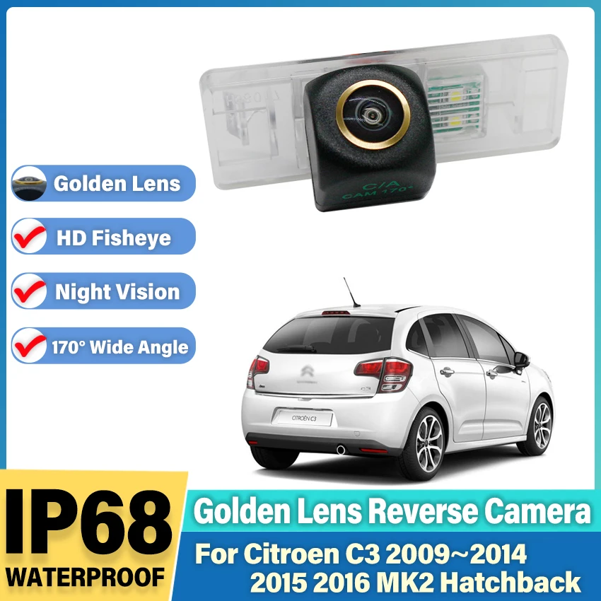 Caméra de recul arrière pour citroën C3 2009 ~ 2015 2016 MK2 hayon CCD Vision nocturne caméra de recul plaque d'immatriculation caméra lentille dorée