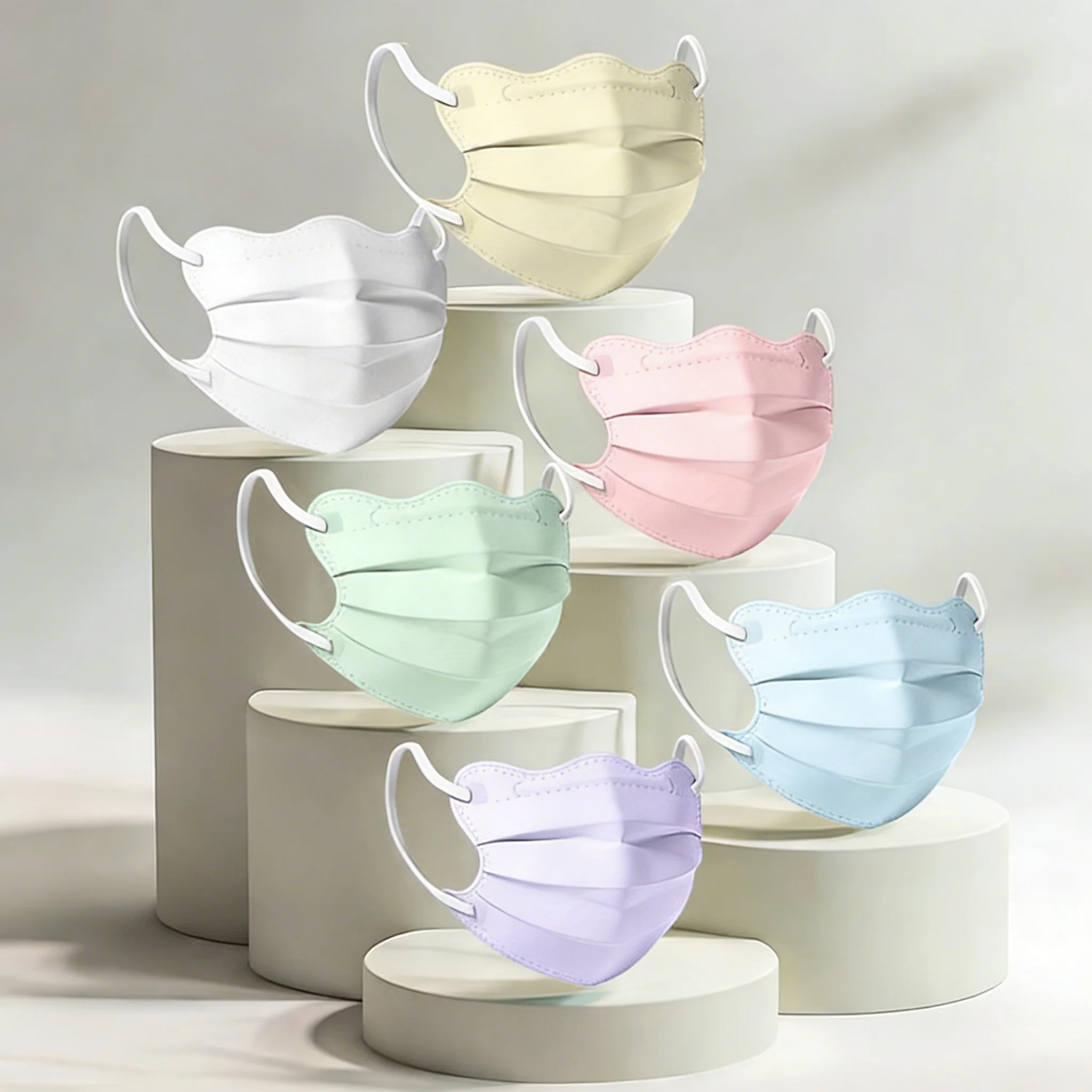 Masques faciaux jetables larges avec boucles d'oreille plates, emballés individuellement, 3 couches, spunlace non tissé, protection quotidienne, légers et confortables