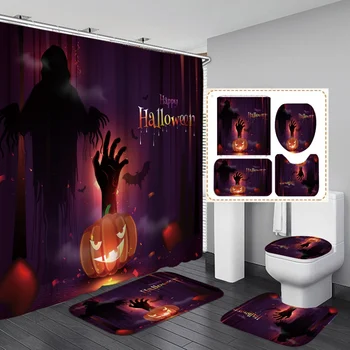 Halloween Shower Curtain Set 4PCS with Toilet Lid Cover Bath Area Mat Toilet Lid Cover Haunted House Horror Bathroom Decor 4