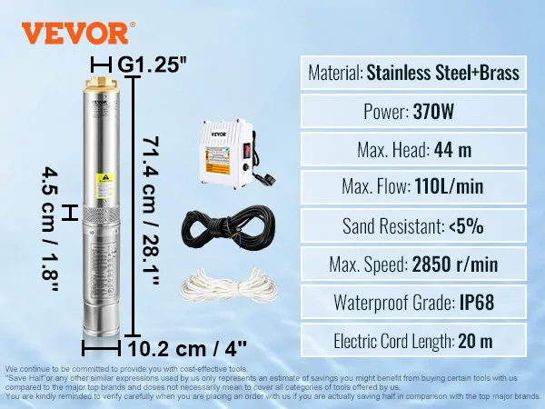 Pompe Immergée Puits Profond VEVOR 550W - Débit 65 L/min, Hauteur 85 M - Acier Inox, Câble 20 M, Boîtier De Contrôle - IP68