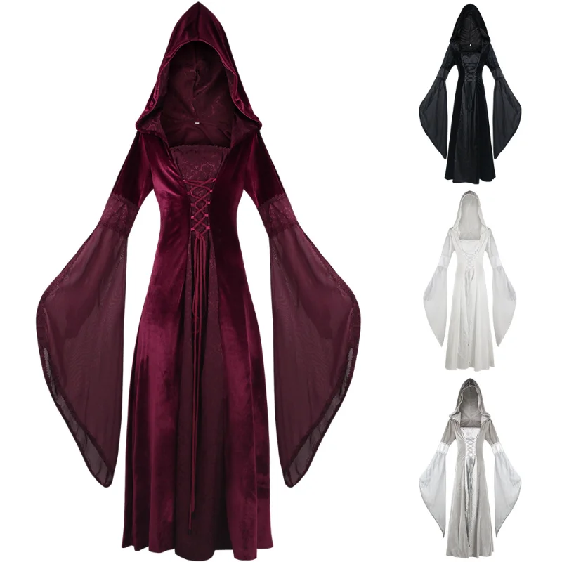 

Halloween Long Hooded Dress Cos Clothing Medieval Retro Style Wedding Dress 4 Color Hooded Corset Dress Cosplay Stage Show