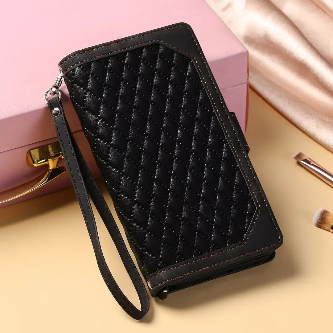Fashion Zipper Wallet Case For Redmi Note 9S Flip Cover Multi Card Slots Cover Phone Case Card Slot Folio with Wrist Strap