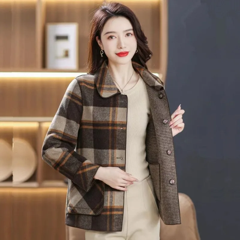 2023 New Women High-End Casual Short Reversible Cashmere Coat Female Fashion Large Size Plaid Double-Sided Wear Woolen Outwear