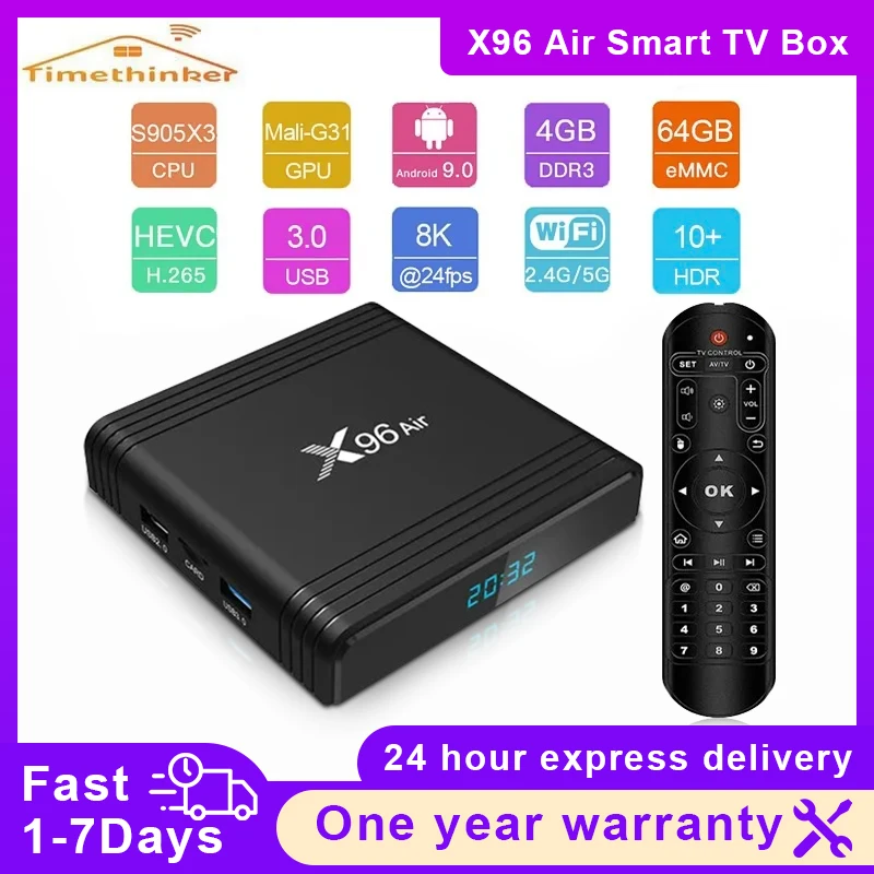 

X96 Air Smart Media Player Set Top Box Android 9.0 Amlogic S905X3 4GB 64GB Max 2.4G/5G Dual WiFi BT BT4.0 8K 4K H.265 UHD TV Box