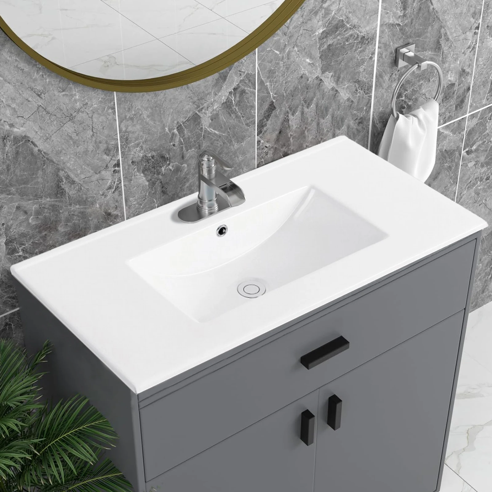 1pc 36 inch Porcelain Ceramic Vanity Sink Top, Surface Bathroom Vessel Sink Basin with Single Faucet Hole, Rectangular, Glossy 2
