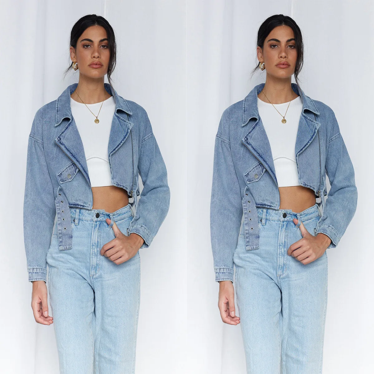

Women's Denim Jacketwomen's Spring And Autumn New Fashion Street Hip Hop Personalized Polo Collar Button Tie Waist Washed Denim