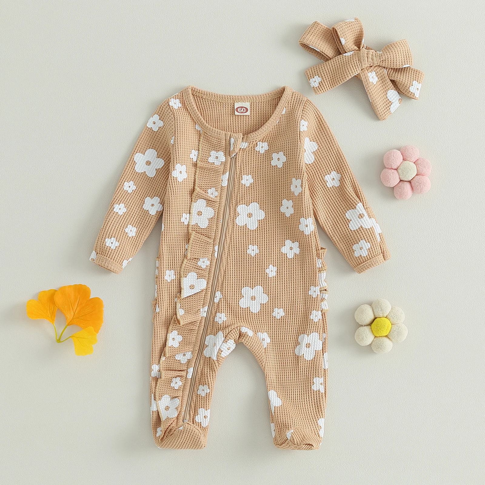 Pudcoco Infant Baby Girl Footed Jumpsuit Cartoon Floral Print Long Sleeve Front Zipper Closure Romper + Bow Headband 0-6M