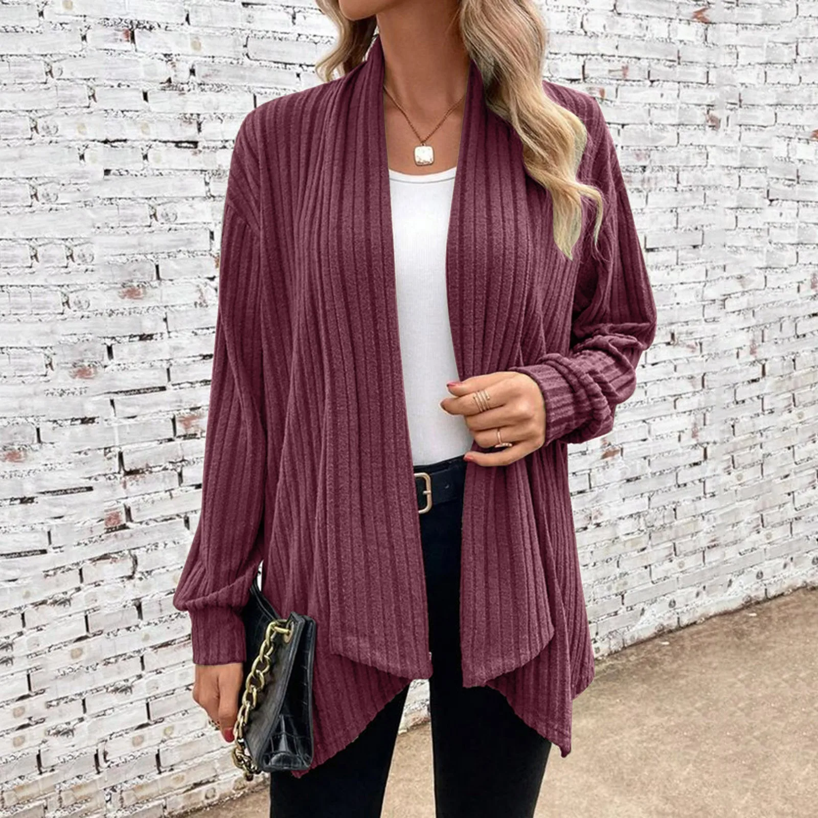 

Female Long Sleeved Loose Plain Cardigan Casual H-Line Rib Fabric Women Clothes Autumn Winter Scarf Collar Solid Color Knit Coat