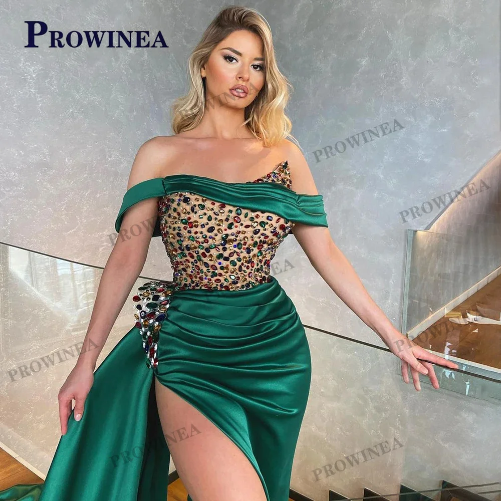 Prowinea Trendy Off-the-shoulder Celebrity Dress Crystals Mermaid Slit Satin Pleat Sweep Train Robes de Soiree Made to Order womens dress