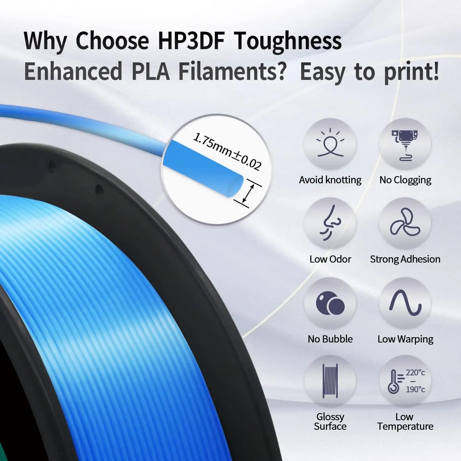 3D 프린터 필라멘트, PLA, 실크 광택 표면, HP3DF 1.75mm 정확도 +/- 0.02mm, 1KG 스풀 (2.2 lbs), 대부분의 FDM 프린터에 호환 가능