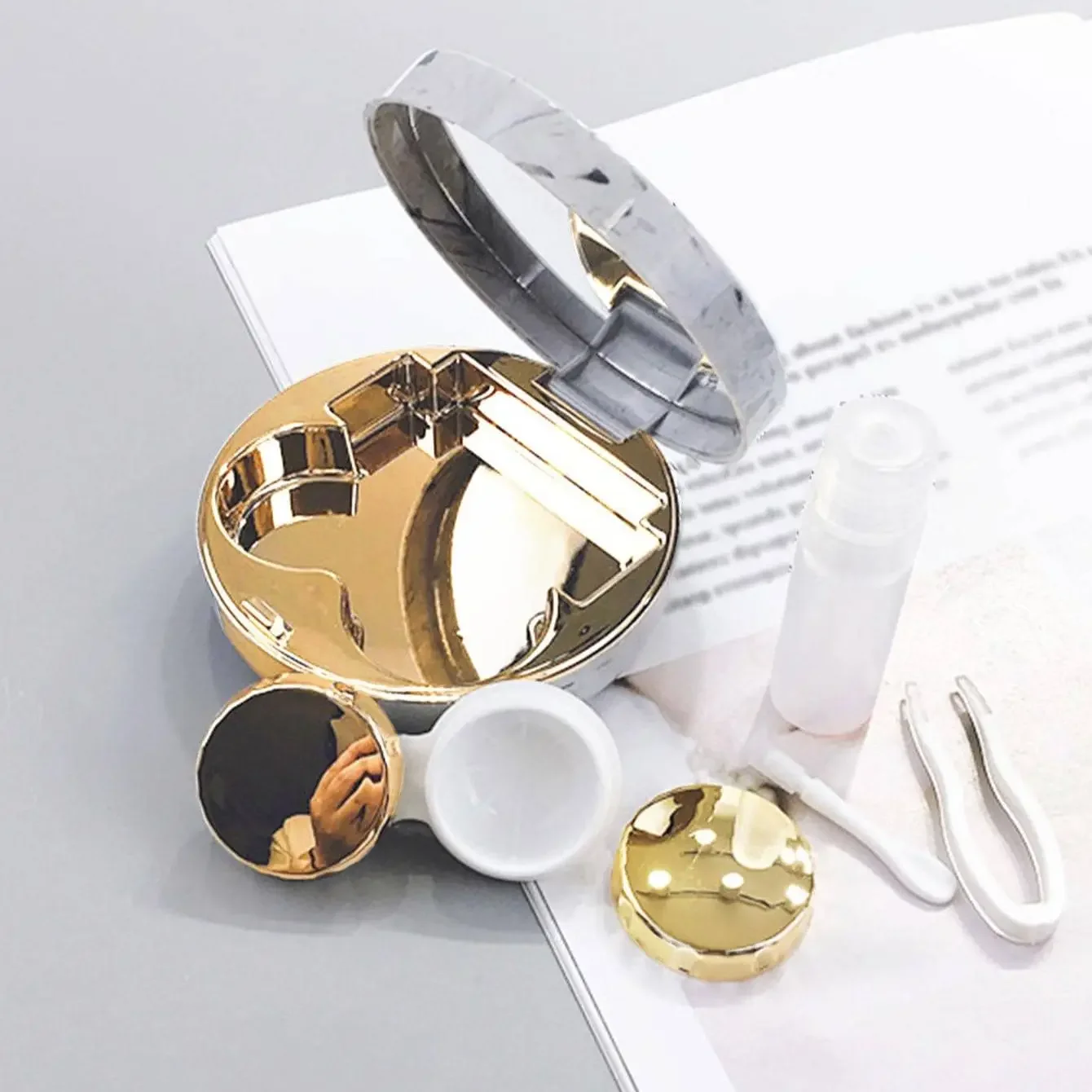 1PC - Round Marble Pattern Beauty Eye Contact Lens Box Dual Case Storage Lens Box Contact Lens Dual Case