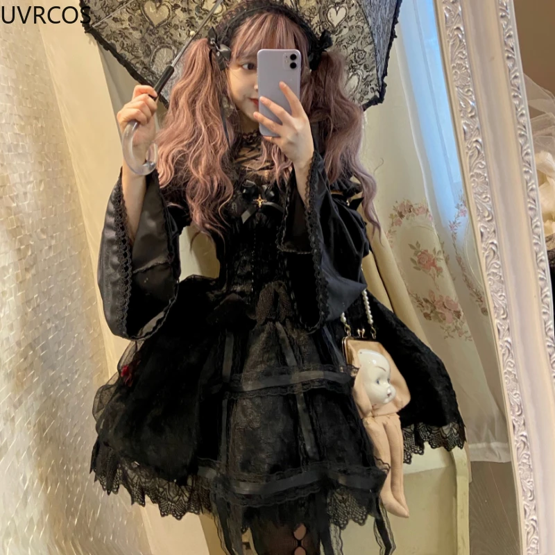 Japanese Victorian Vintage Lolita Dress Women Gothic Lace Rose Princess Suspender Dresses Girl Classic Cosplay Black Slip Dress