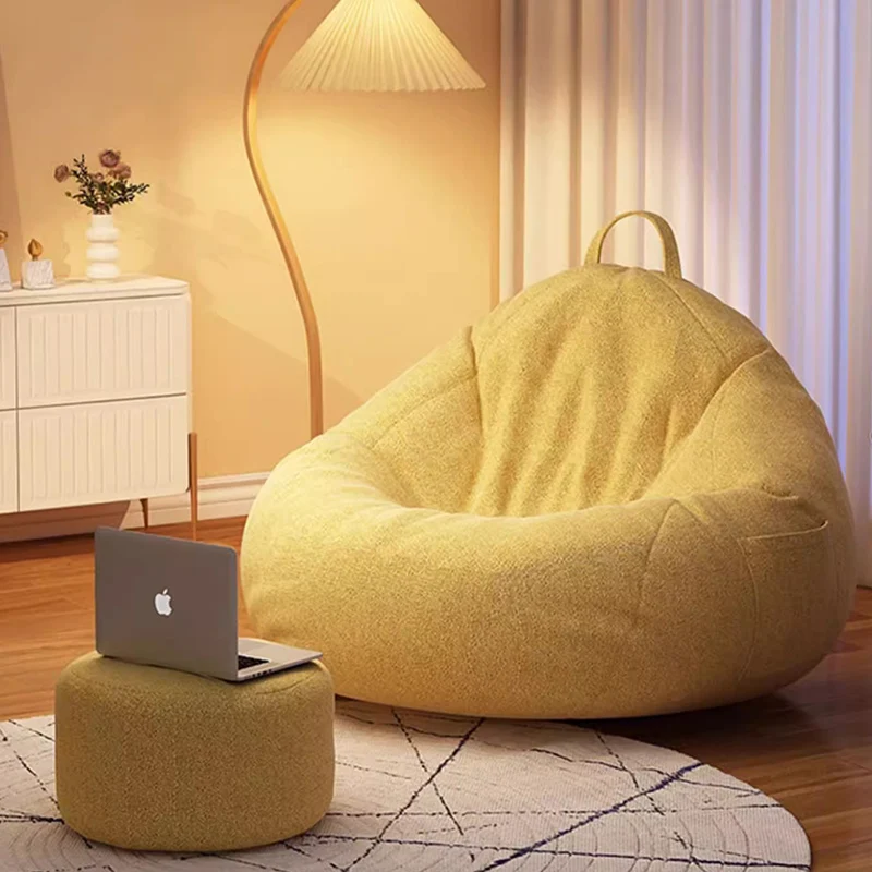 

Cozy Small Lazy Bedroom Bean Bag Sitting Relax Minimalist Curved Reading Puffs Sofa Kawaii Ergonomic Yellow Sitzsack Furniture