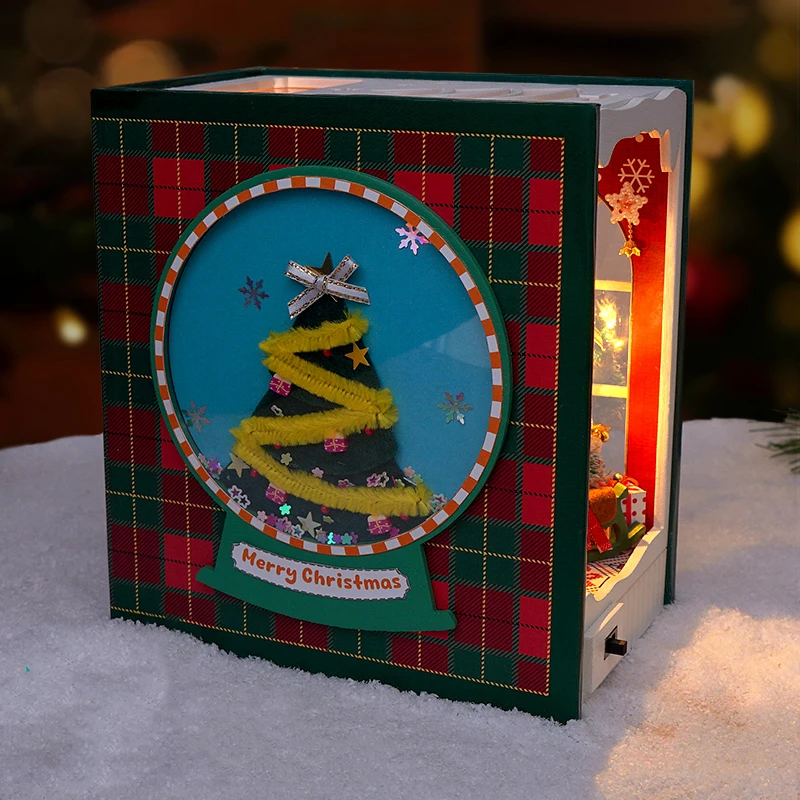 DIY Wooden Christmas Diary Book Nook Shelf Insert Miniature Model Kits With Furniture Bookshelf Handmade Bookend Friends Gifts 5