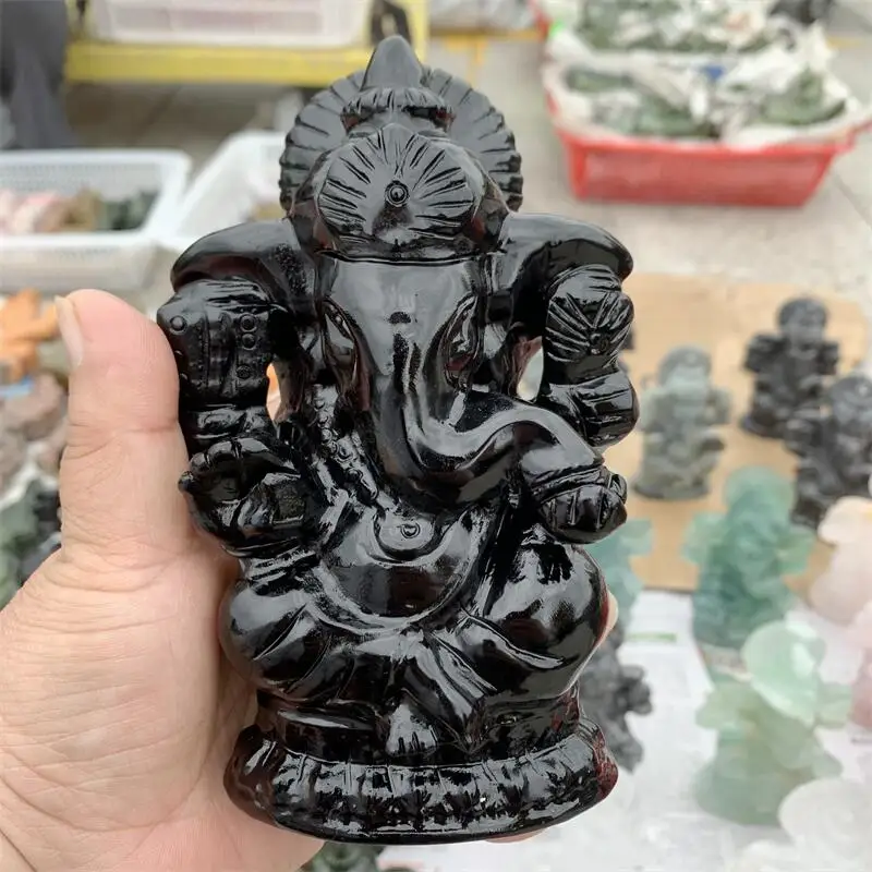 Natural Black Obsidian Elephant Quartz Crystal Carved Gemstones Ganesha Healing Reiki Home Decoration 1pcs 6
