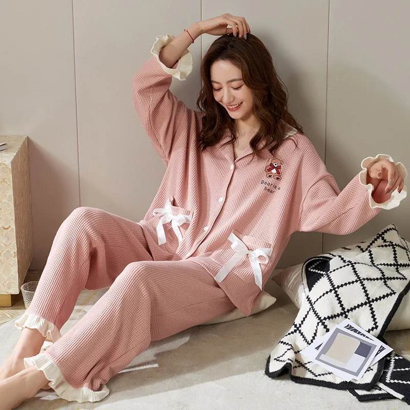 Sleepwear Women Autumn Winter Pajama Sets Cotton Pajamas Long Sleeve Trouser Kawaii Clothes Korean Loungewear Nightwear Buttons