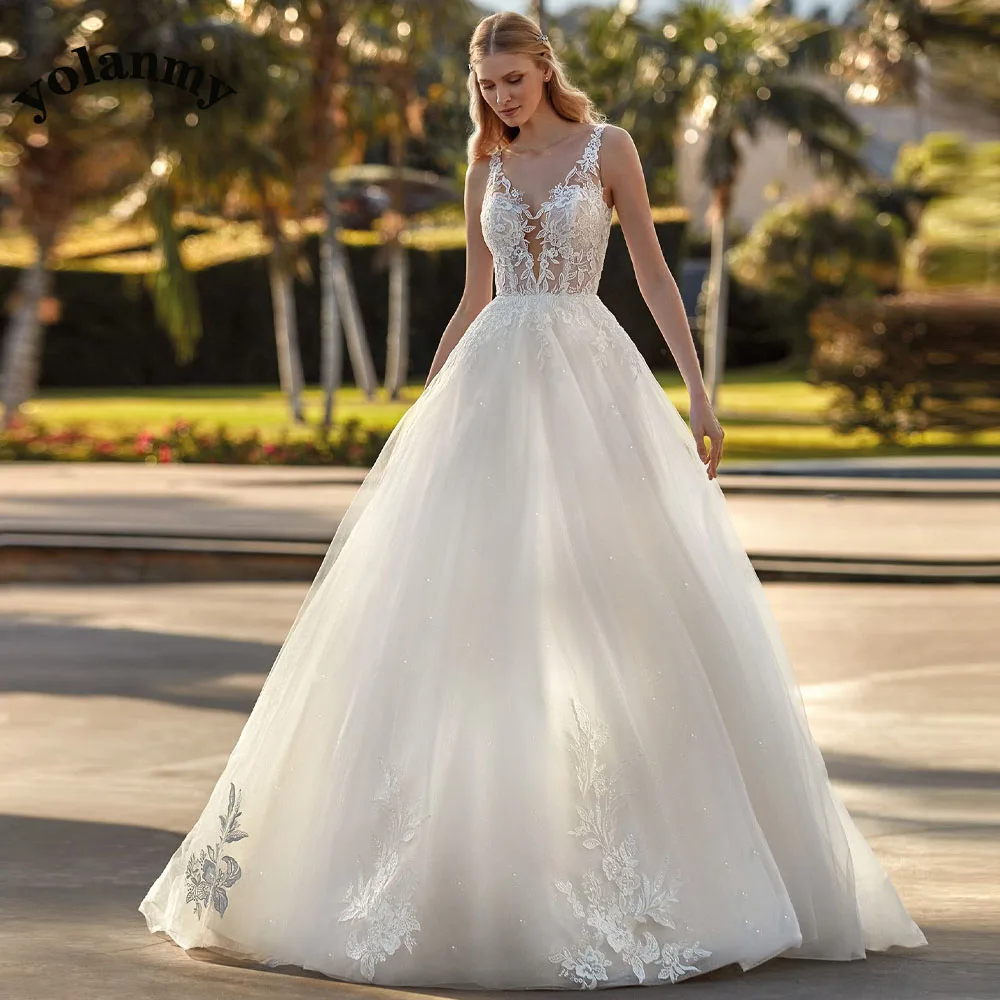 

YOLANMY Graceful Wedding Dresses Scoop Pleat Sleeveless Appliques Tulle Formal Bridal Gown Made To Order Brautkleid For Women