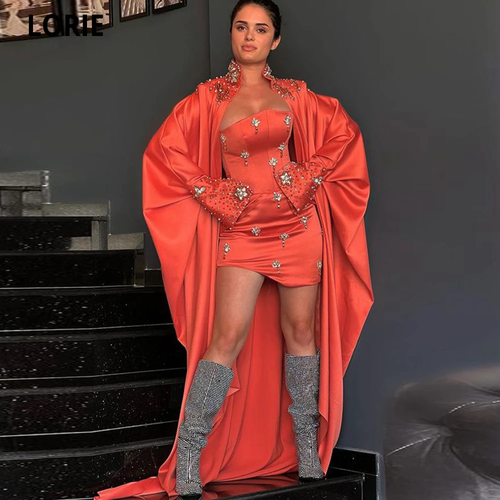 

LORIE Elegant Satin Short Mermaid Evening Dresses 2023 With Wrap Sleeves Long Dubai Arabic Women Crystal Strapless Prom Gowns