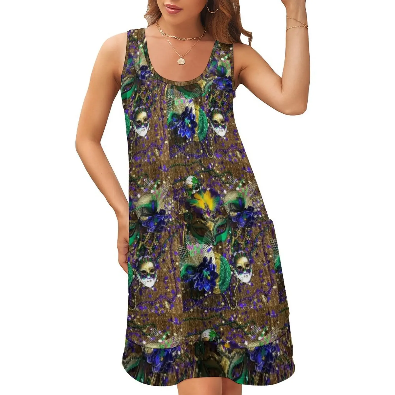 

Mardi Gras Carnival 1B Sleeveless U-Neck Fake Two Piece Dress dresses for woman beach dress long sleeve dresses